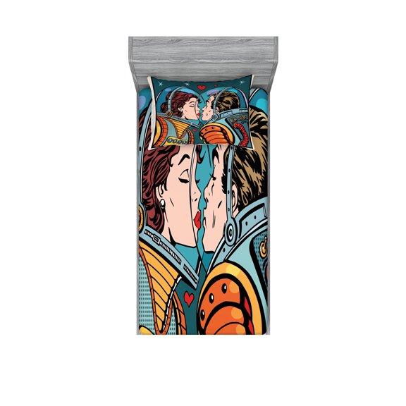 Ambesonne Colorful Fitted Sheet & Pillow Sham Set, Cartoon Kiss in Space, Twinxl, Multicolor