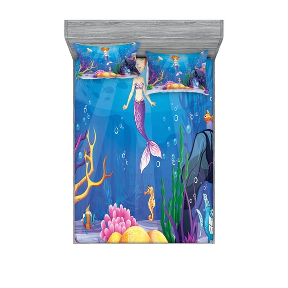 Ambesonne Colorful Fitted Sheet & Pillow Sham Set, Cartoon Mermaid Fish, Queen, Multicolor