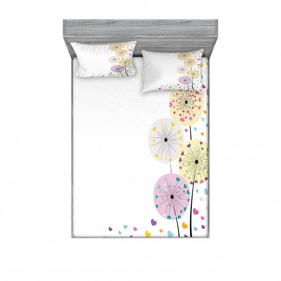 Ambesonne Colorful Fitted Sheet & Pillow Sham Set, Cartoon Pastel Look Hearts, Full, White Multicolor