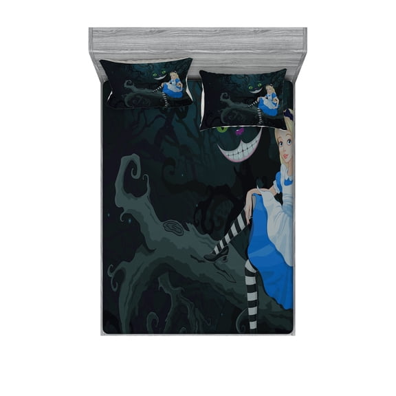 Ambesonne Colorful Fitted Sheet & Pillow Sham Set, Cheshire Cat in Forest, Full, Multicolor