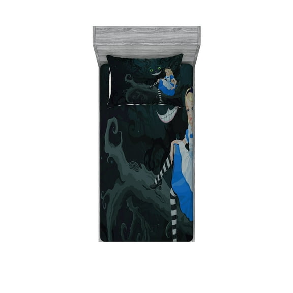 Ambesonne Colorful Fitted Sheet & Pillow Sham Set, Cheshire Cat in Forest, Twin, Multicolor