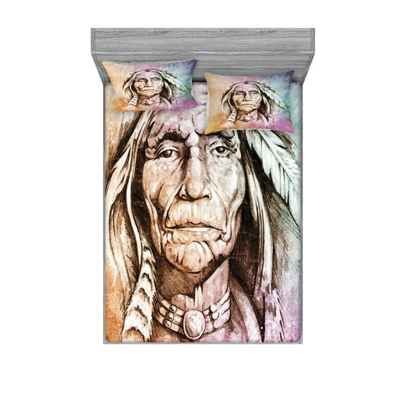 Ambesonne Colorful Fitted Sheet & Pillow Sham Set, Chief Portrait, Full, Multicolor