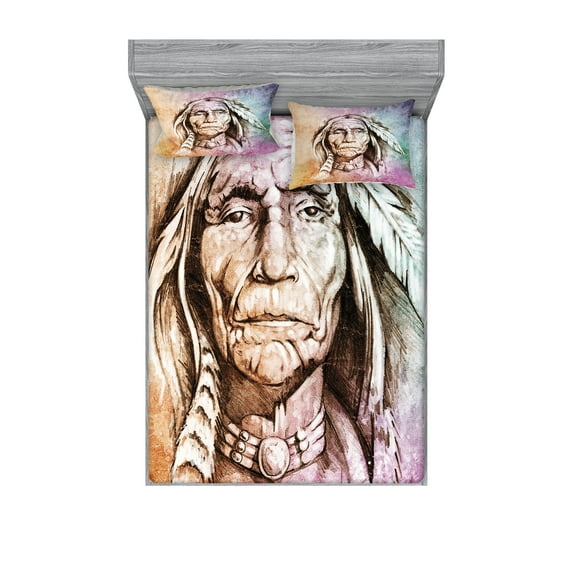 Ambesonne Colorful Fitted Sheet & Pillow Sham Set, Chief Portrait, Queen, Multicolor