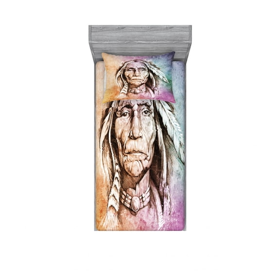 Ambesonne Colorful Fitted Sheet & Pillow Sham Set, Chief Portrait, Twin, Multicolor