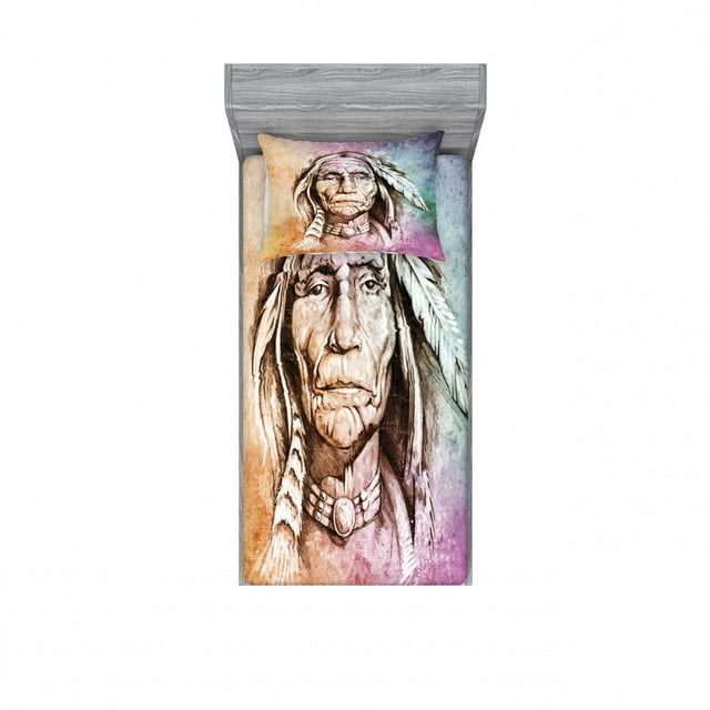 Ambesonne Colorful Fitted Sheet & Pillow Sham Set, Chief Portrait, Twinxl, Multicolor