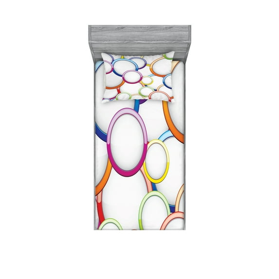 Ambesonne Colorful Fitted Sheet & Pillow Sham Set, Circles Rounds Pattern, Twin, Multicolor