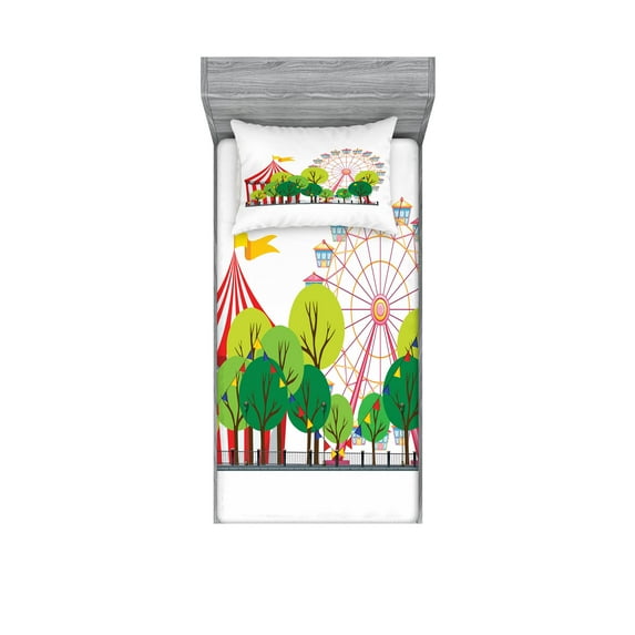 Ambesonne Colorful Fitted Sheet & Pillow Sham Set, Circus Carnival Scene, Twin, Multicolor