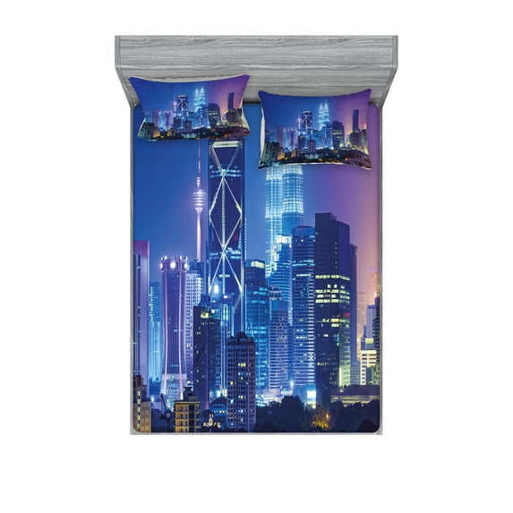 Ambesonne Colorful Fitted Sheet & Pillow Sham Set, Cityscape Kuala, Full, Multicolor