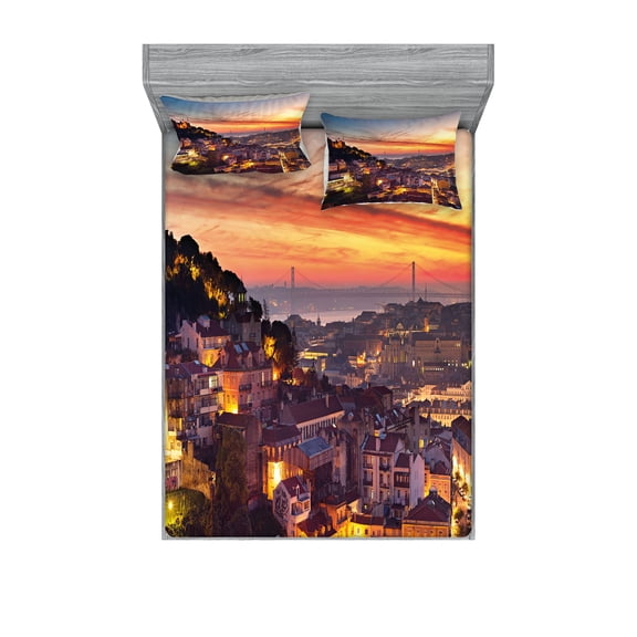 Ambesonne Colorful Fitted Sheet & Pillow Sham Set, Cityscape of Lisbon, Queen, Brown