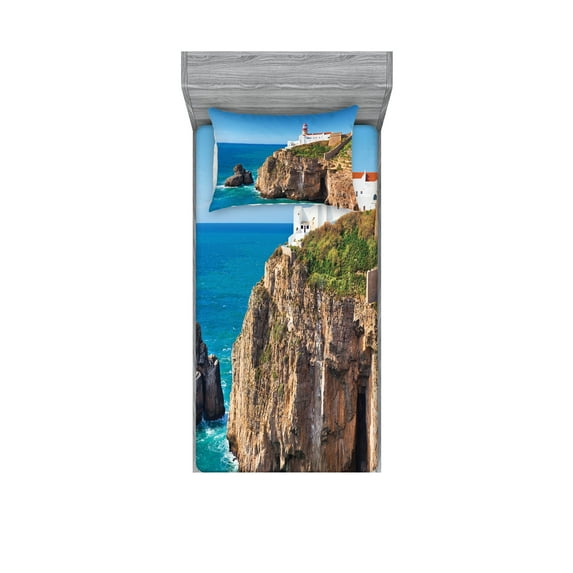 Ambesonne Colorful Fitted Sheet & Pillow Sham Set, Cliff Rocks Sunny Day, Twin, Multicolor