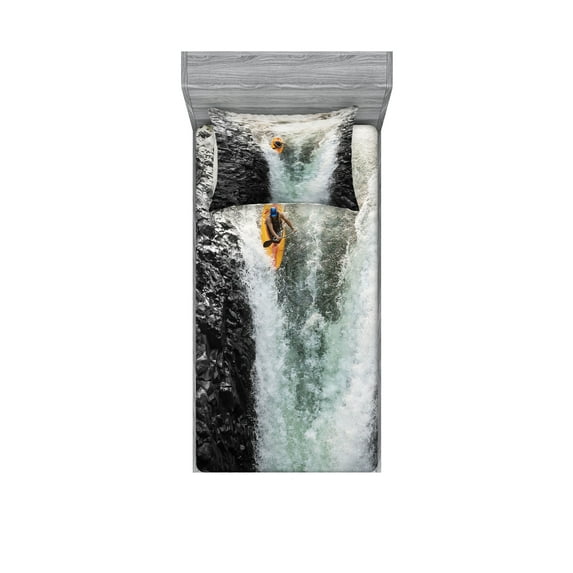 Ambesonne Colorful Fitted Sheet & Pillow Sham Set, Cliffs Waterfall Canoe, Twin, Multicolor