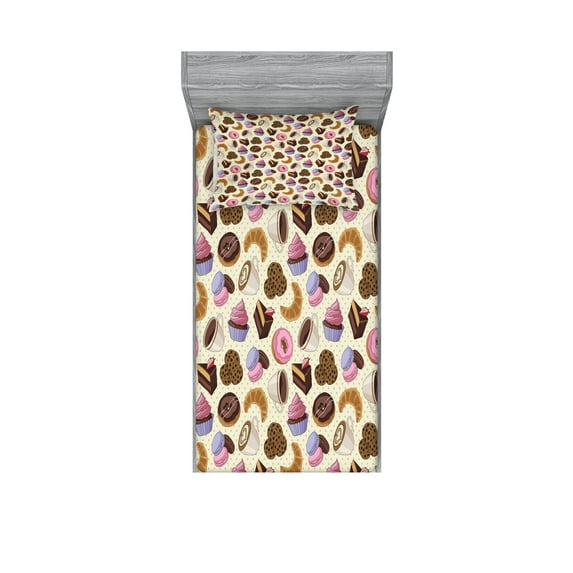 Ambesonne Colorful Fitted Sheet & Pillow Sham Set, Coffee Cups Cookies, Twinxl, Multicolor