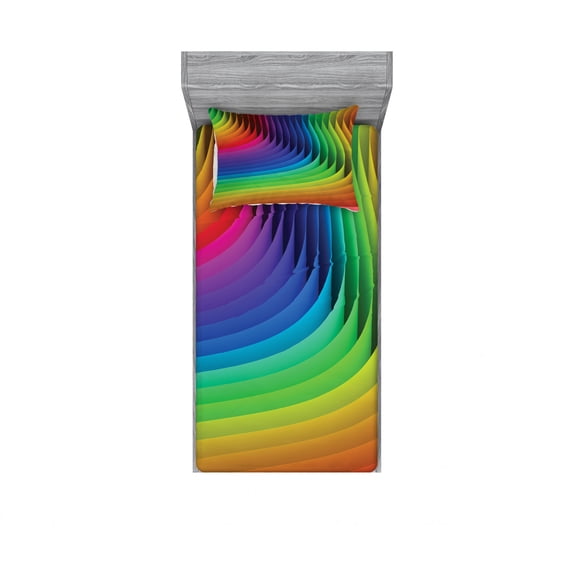 Ambesonne Colorful Fitted Sheet & Pillow Sham Set, Color Wave Curls Art, Twin, Multicolor