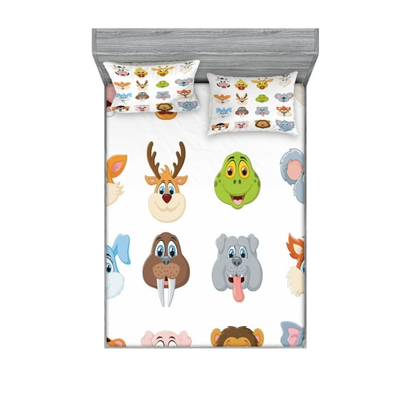 Ambesonne Colorful Fitted Sheet & Pillow Sham Set, Comic Koala Fox Faces, Full, Multi