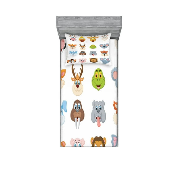 Ambesonne Colorful Fitted Sheet & Pillow Sham Set, Comic Koala Fox Faces, Twinxl, Multi