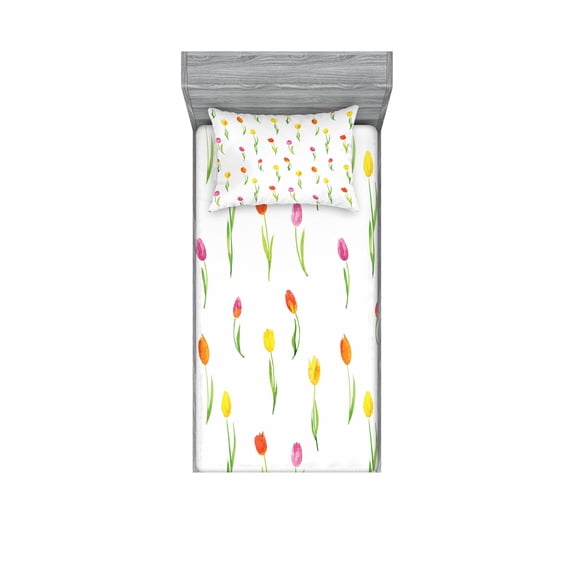 Ambesonne Colorful Fitted Sheet & Pillow Sham Set, Country Tulips, Twin, Multicolor