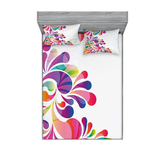 Ambesonne Colorful Fitted Sheet & Pillow Sham Set, Curvy Floral Design, Full, Multicolor