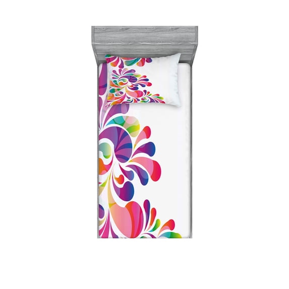 Ambesonne Colorful Fitted Sheet & Pillow Sham Set, Curvy Floral Design, Twinxl, Multicolor