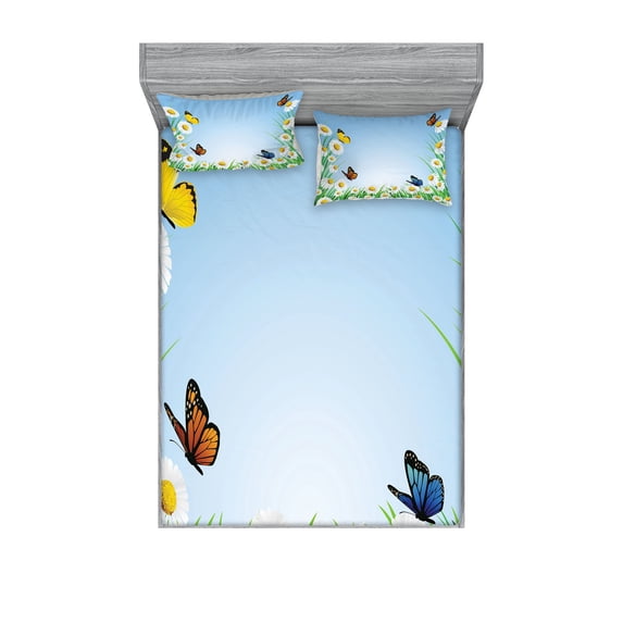 Ambesonne Colorful Fitted Sheet & Pillow Sham Set, Daisy with Butterflies, Full, Multicolor