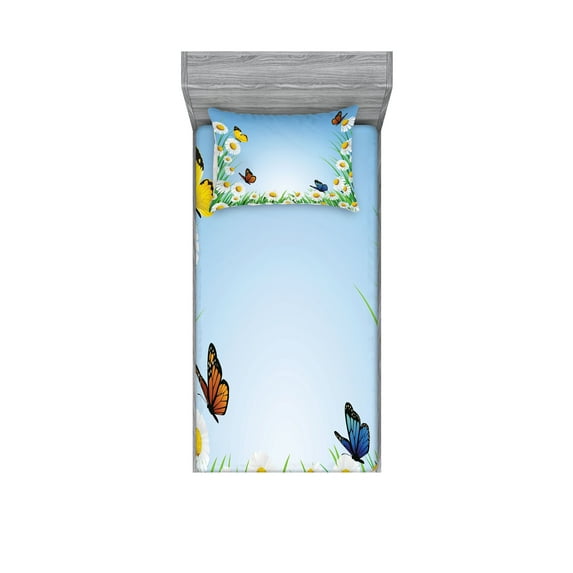 Ambesonne Colorful Fitted Sheet & Pillow Sham Set, Daisy with Butterflies, Twinxl, Multicolor