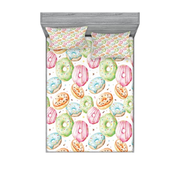 Ambesonne Colorful Fitted Sheet & Pillow Sham Set, Doughnut Theme Hand Drawn, Queen, Multicolor
