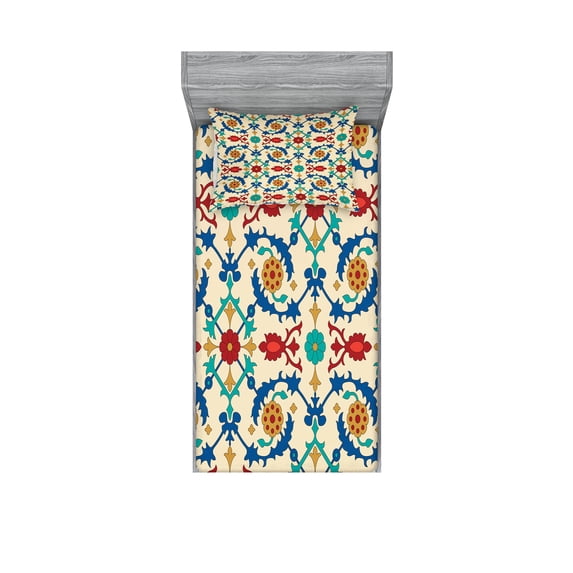 Ambesonne Colorful Fitted Sheet & Pillow Sham Set, Eastern Culture Ornaments, Twinxl, Multicolor