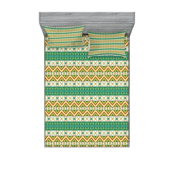 Ambesonne Colorful Fitted Sheet & Pillow Sham Set, Ethnic Geometric Shapes, Queen, Pistachio Green Orange