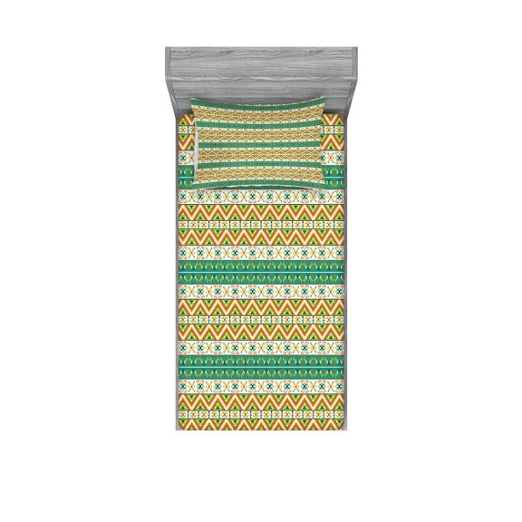 Ambesonne Colorful Fitted Sheet & Pillow Sham Set, Ethnic Geometric Shapes, Twin, Pistachio Green Orange