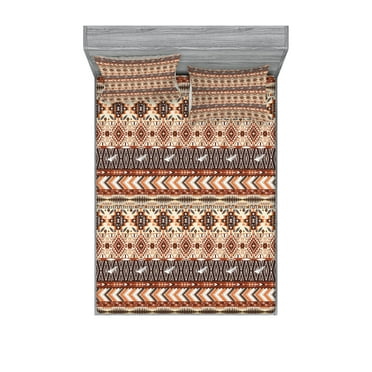 Ambesonne Colorful Fitted Sheet & Pillow Sham Set, Ethnic Ornament Details, Full, Brown Cinnamon Orange