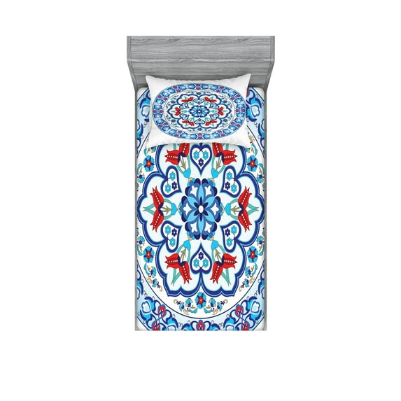Ambesonne Colorful Fitted Sheet & Pillow Sham Set, European Floral Tulips, Twinxl, Multicolor