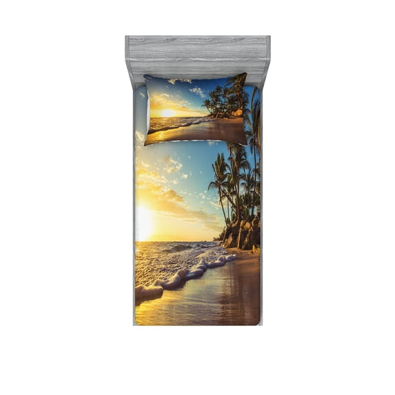 Ambesonne Colorful Fitted Sheet & Pillow Sham Set, Exotic Beach Sunset, Twinxl, Multicolor