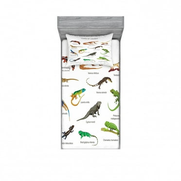 Ambesonne Colorful Fitted Sheet & Pillow Sham Set, Exotic Lizard Reptiles, Twin, Multicolor
