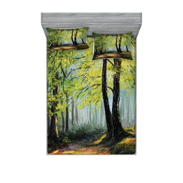 Ambesonne Colorful Fitted Sheet & Pillow Sham Set, Fall Forest Landscape, Queen, Multicolor