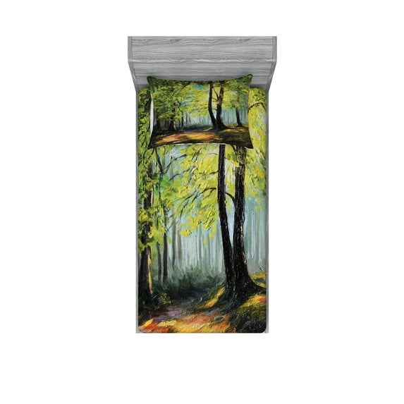 Ambesonne Colorful Fitted Sheet & Pillow Sham Set, Fall Forest Landscape, Twin, Multicolor