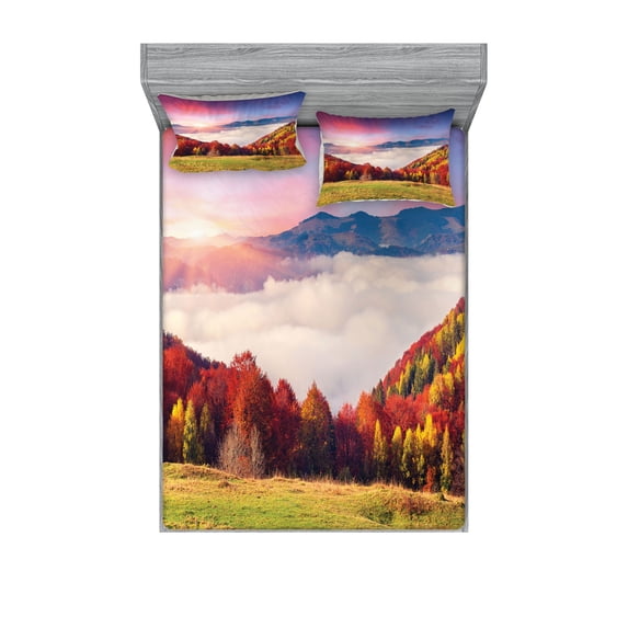Ambesonne Colorful Fitted Sheet & Pillow Sham Set, Fall Morning Mountain, Queen, Multicolor