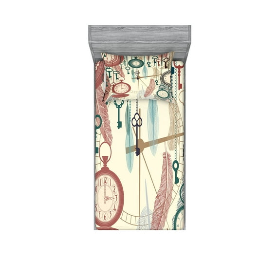 Ambesonne Colorful Fitted Sheet & Pillow Sham Set, Feather and Old Key, Twin, Multicolor