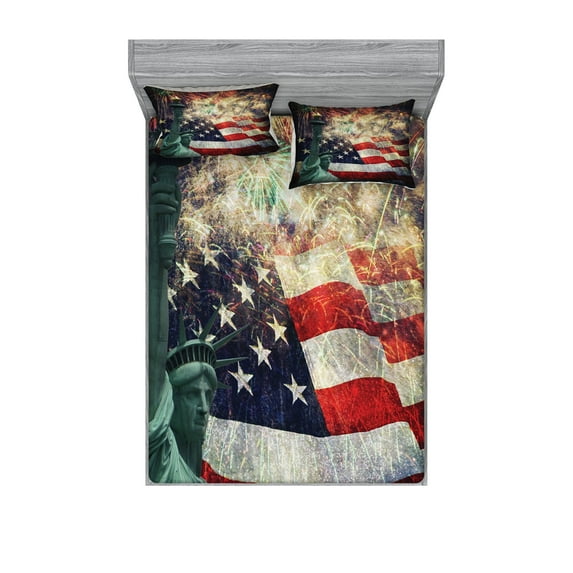 Ambesonne Colorful Fitted Sheet & Pillow Sham Set, Fireworks 4th of July, Full, Multicolor