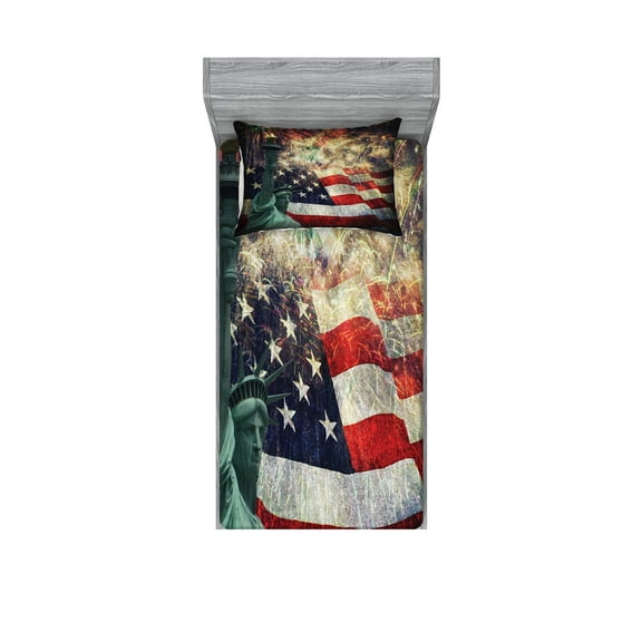 Ambesonne Colorful Fitted Sheet & Pillow Sham Set, Fireworks 4th of July, Twinxl, Multicolor