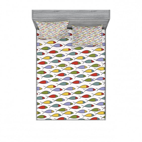 Ambesonne Colorful Fitted Sheet & Pillow Sham Set, Fish Animals, Queen, Multicolor