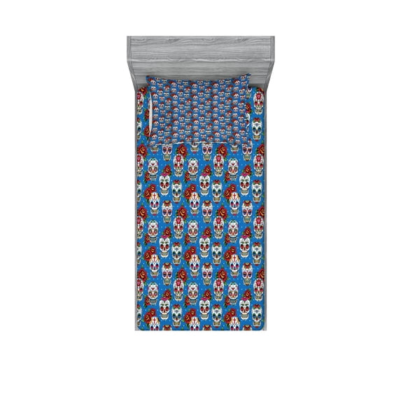 Ambesonne Colorful Fitted Sheet & Pillow Sham Set, Floral Roses Skulls, Twin, Blue Red Ivory