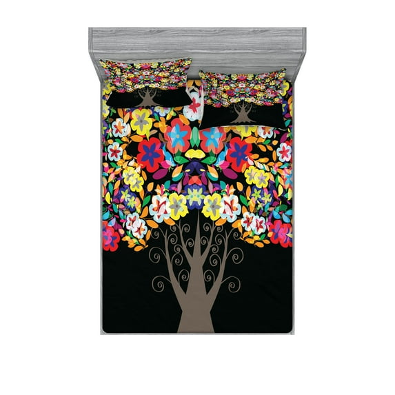 Ambesonne Colorful Fitted Sheet & Pillow Sham Set, Floral Trees Blossoms, Full, Multicolor