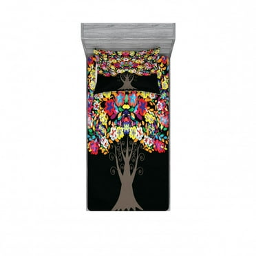 Ambesonne Colorful Fitted Sheet & Pillow Sham Set, Floral Trees Blossoms, Twin, Multicolor