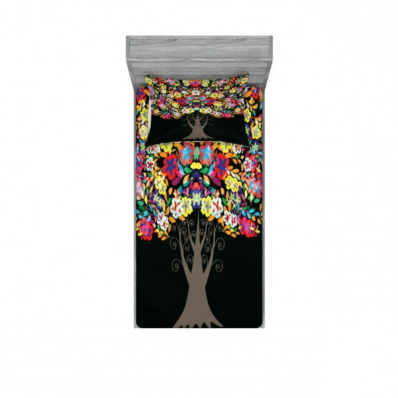 Ambesonne Colorful Fitted Sheet & Pillow Sham Set, Floral Trees Blossoms, Twinxl, Multicolor