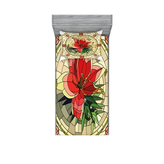 Ambesonne Colorful Fitted Sheet & Pillow Sham Set, Flower Lily Leaves, Twin, Multicolor