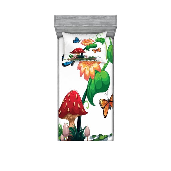 Ambesonne Colorful Fitted Sheet & Pillow Sham Set, Flowering Plant Butterfly, Twin, Multicolor