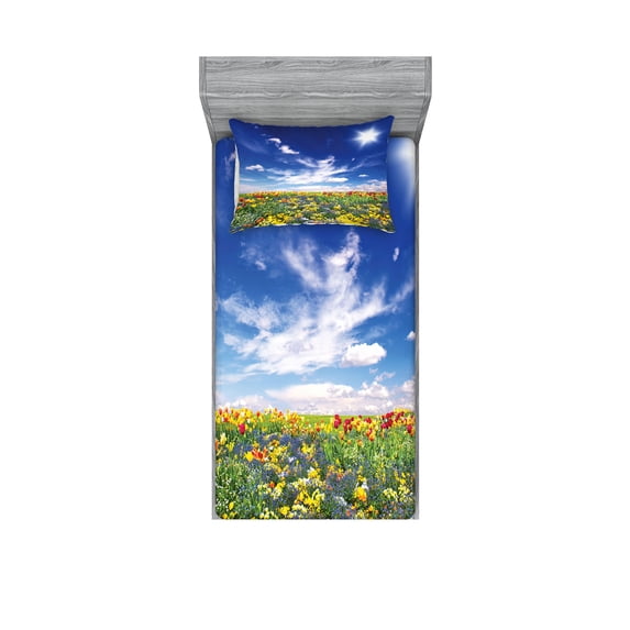 Ambesonne Colorful Fitted Sheet & Pillow Sham Set, Flowers Cloudy Sky, Twin, Multicolor