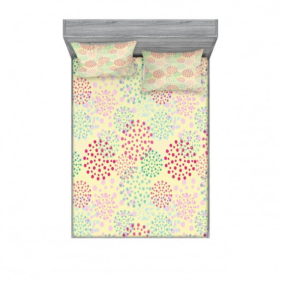 Ambesonne Colorful Fitted Sheet & Pillow Sham Set, Flowers Polka Dots, Full, Multicolor