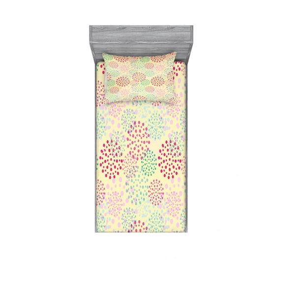 Ambesonne Colorful Fitted Sheet & Pillow Sham Set, Flowers Polka Dots, Twin, Multicolor