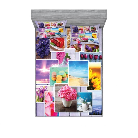 Ambesonne Colorful Fitted Sheet & Pillow Sham Set, Flowers and Macaroons, Queen, Multicolor