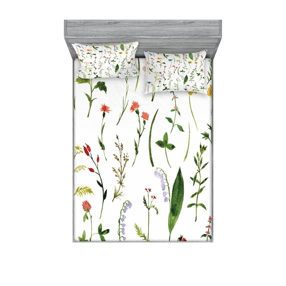 Ambesonne Colorful Fitted Sheet & Pillow Sham Set, Flowers s, King, Multicolor